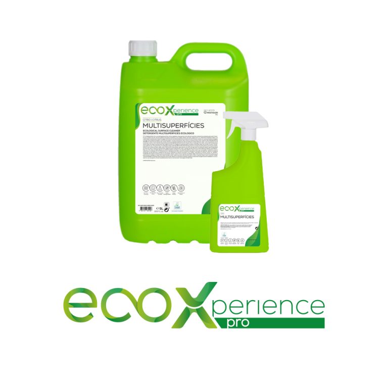 Conjunto de dois produtos da EcoX, um numa volumetria de cinco litros e outro de setecentos e cinquenta mililitros para limpeza de superfícies