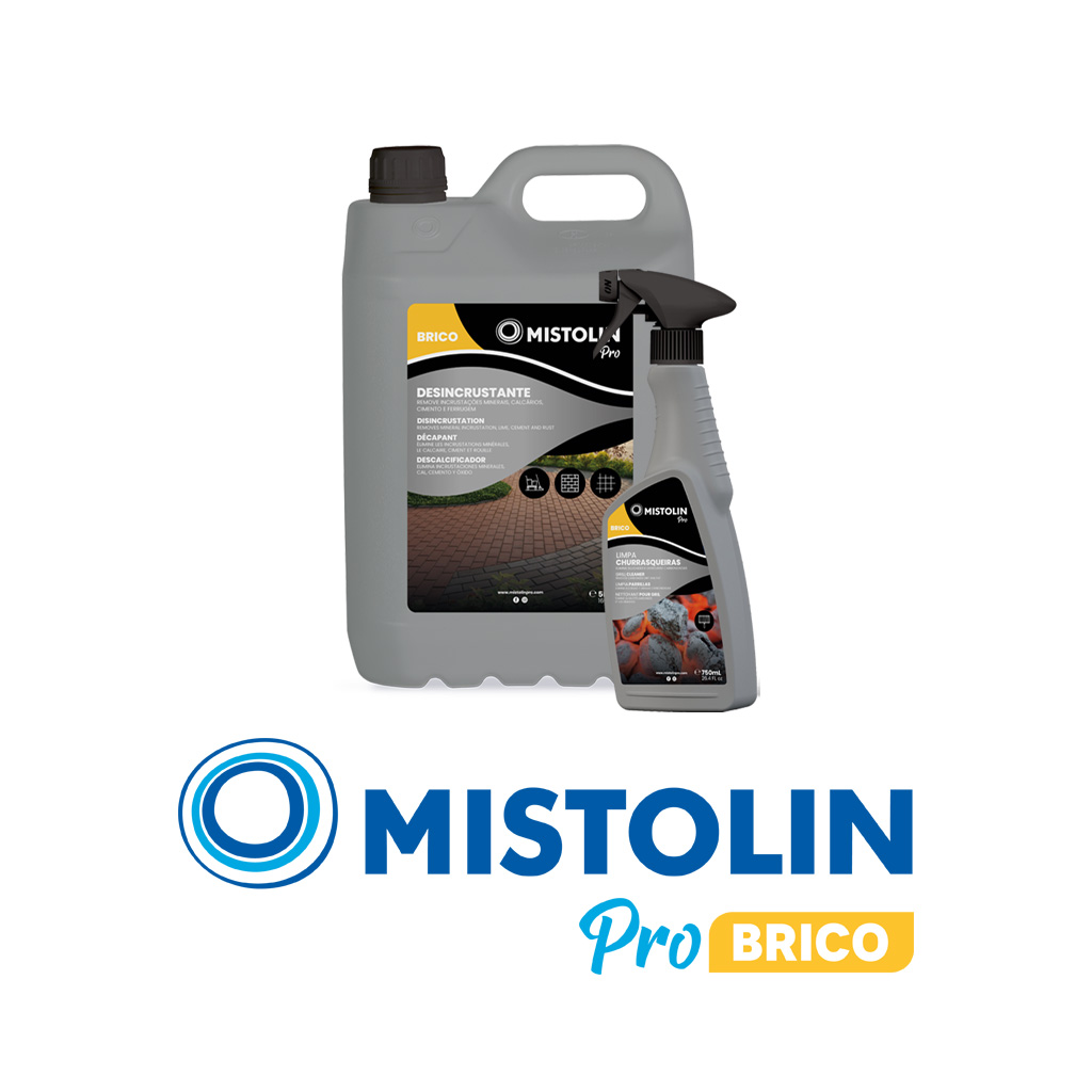 Conjunto de dois produtos da Mistolin Pro Brico, um numa volumetria de cinco litros para limpeza de soalhos e outro de setecentos e cinquenta mililitros para limpeza de churrasqueiras