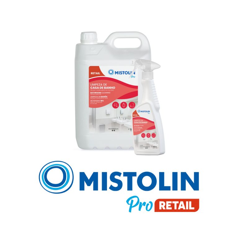 Conjunto de dois produtos da Mistolin Pro Retail para limpeza da casa de banho, um numa volumetria de cinco litros e outro de setecentos e cinquenta mililitros