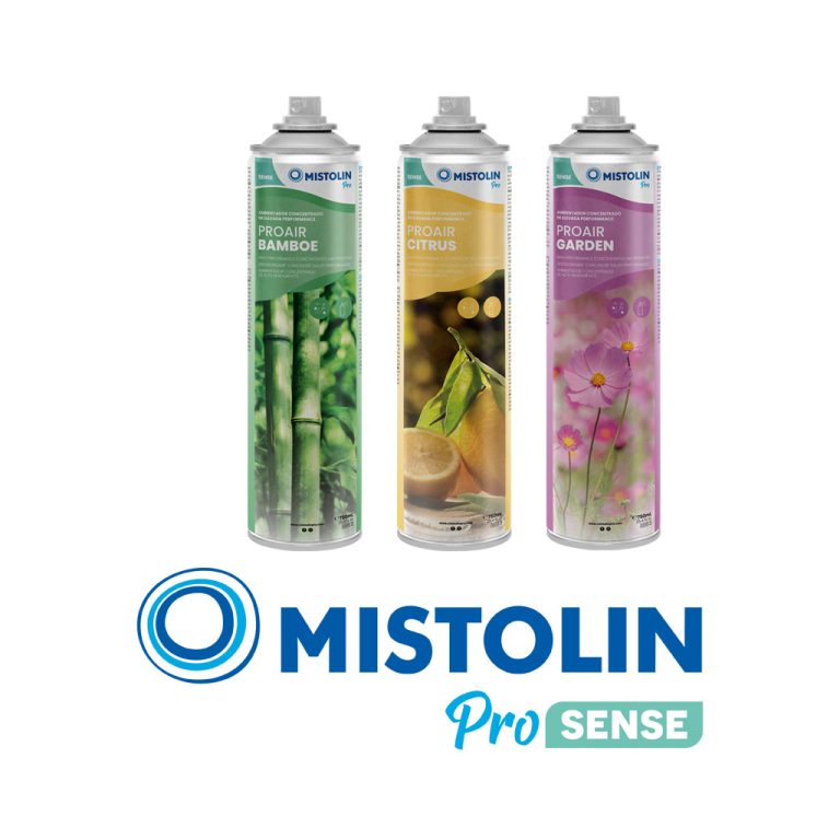 Conjunto de produtos em spray da Mistolin Pro Sense. Da esquerda para a direita: Proair Bamboe, Proair Citrus, Proair Garden