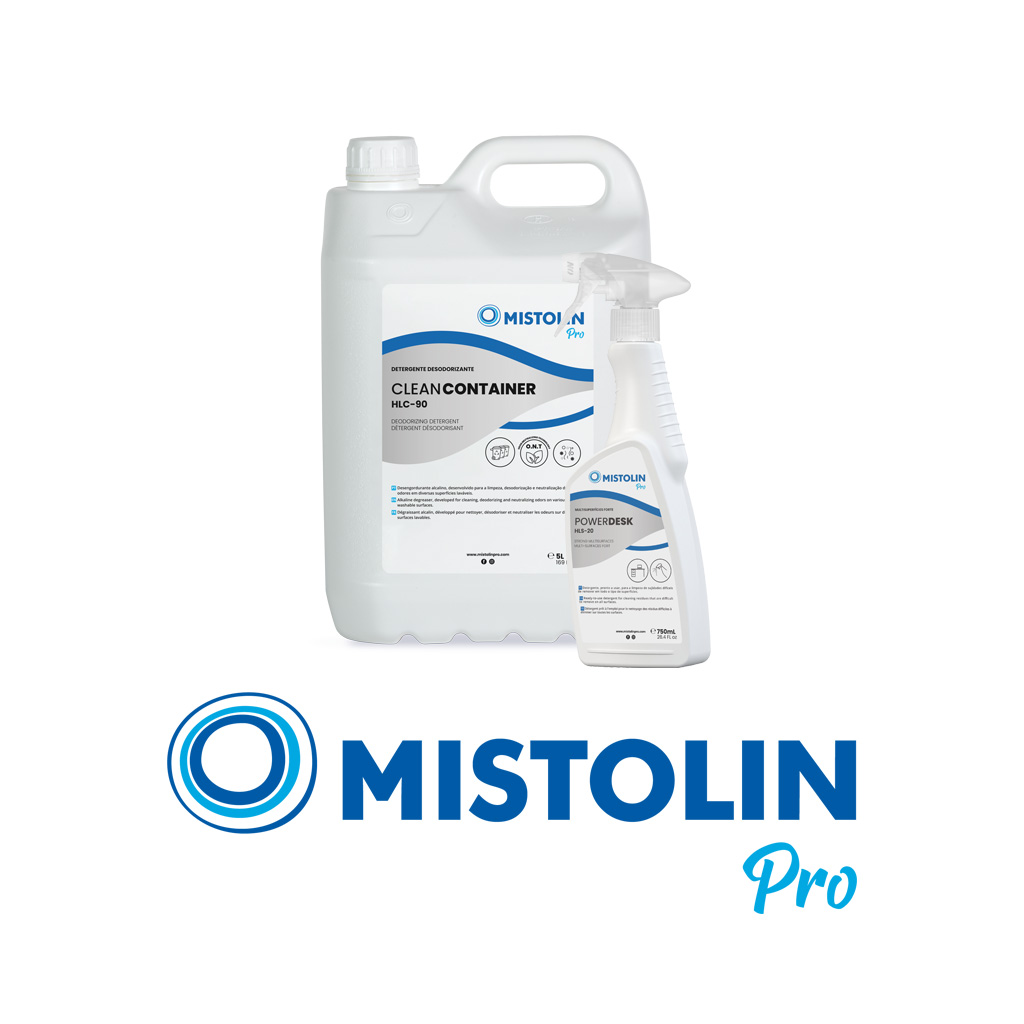 Conjunto de dois produtos da Mistolin Pro, um numa volumetria de cinco litros para limpeza de de diversas superfícies laváveis e outro de setecentos e cinquenta mililitros para limpeza de superfícies