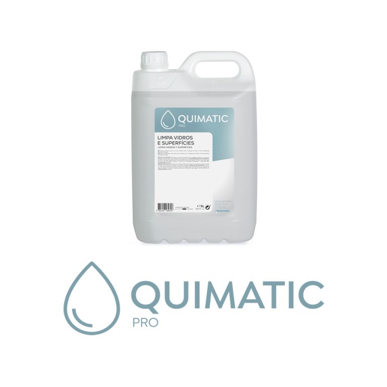 Produto de cinco litros da Quimatic Pro para limpeza de vidros e outras superfícies